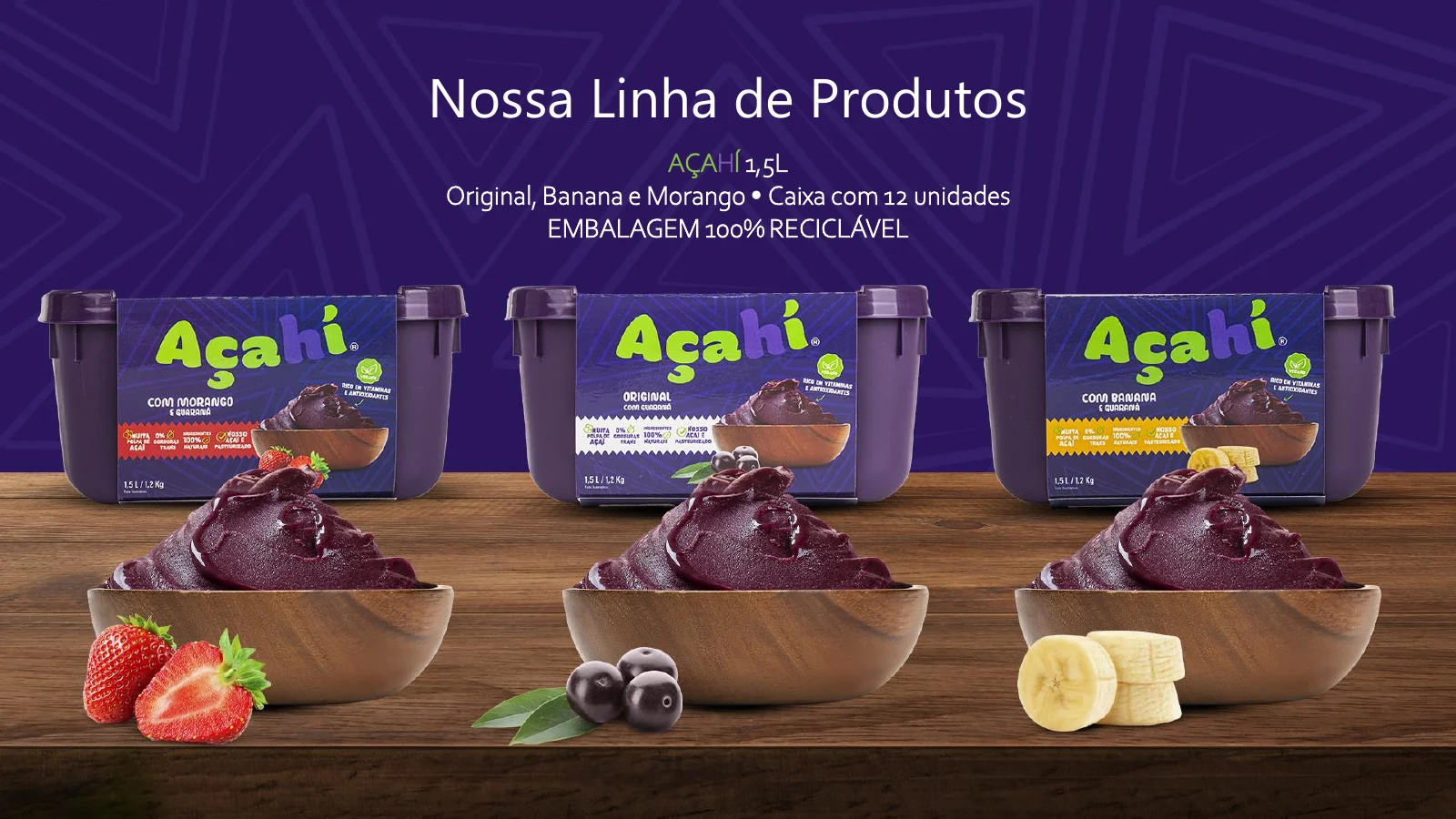 AçaHí — Linha de produtos. AçaHí 1,5 L nos sabores original, banana e morango. Apresentação em caixa com 12 unidades e embalagem reciclável.