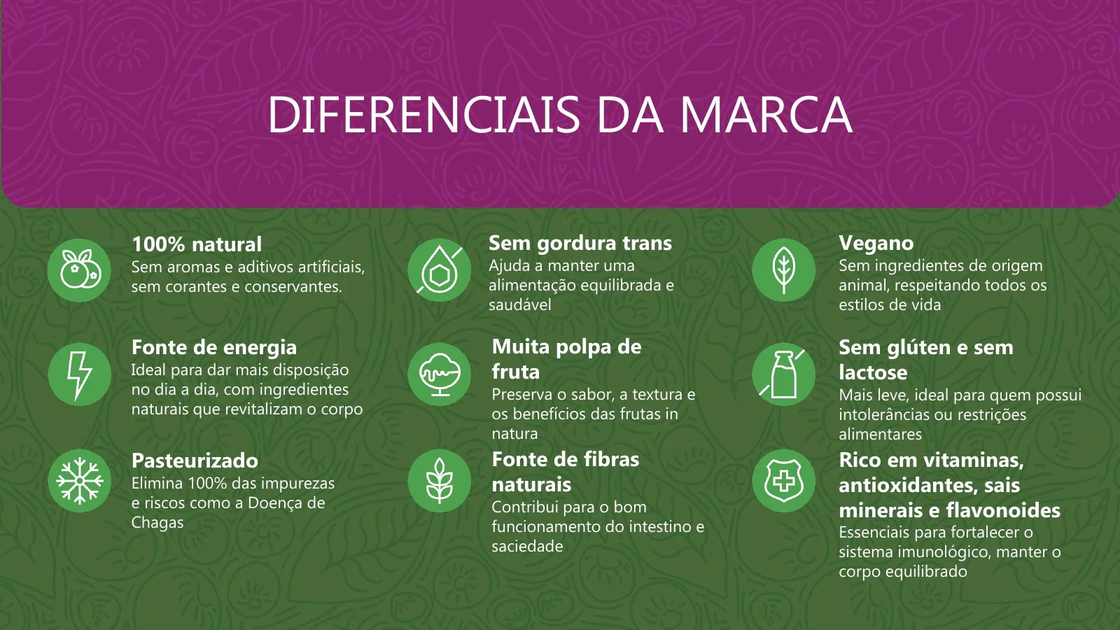 Pé de Brasil — Diferenciais. Produto natural, sem gordura trans, vegano, fonte de energia, com muita polpa de fruta, sem glúten e sem lactose, pasteurizado e fonte de fibras.