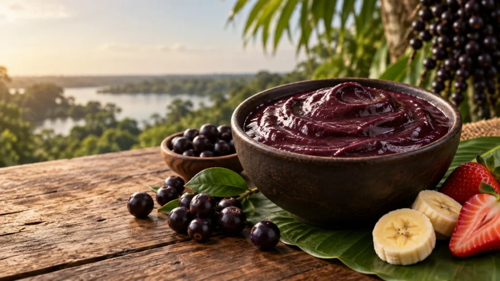 Tigela de açaí sobre mesa de madeira, com frutos de açaí, banana e morango; imagem ilustrativa.