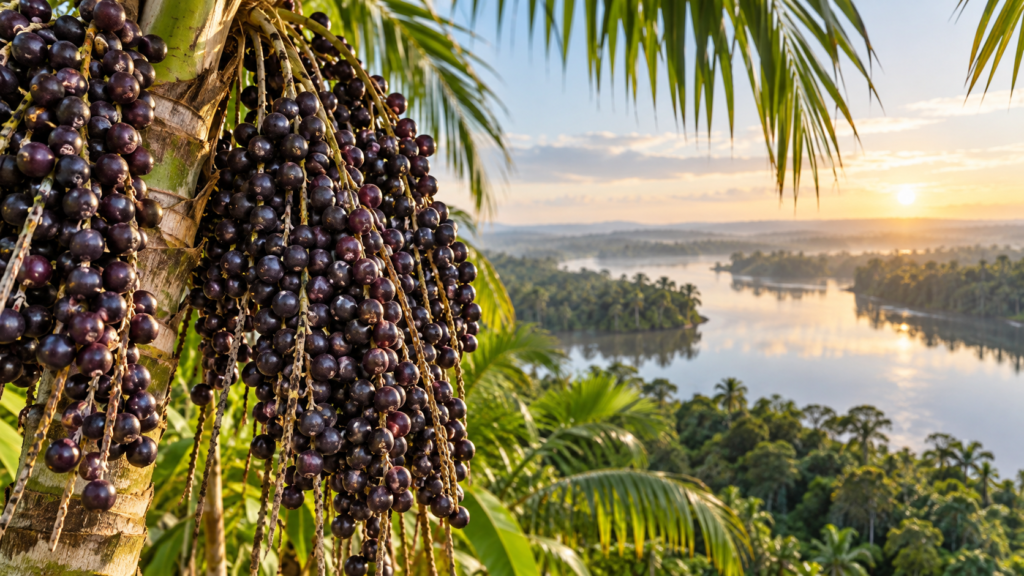 Cachos ilustrativos de frutos de açaí em palmeira diante de paisagem de floresta e rio.