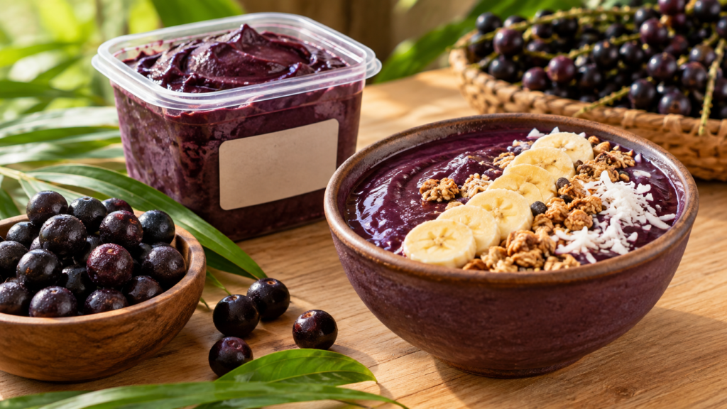 Tigela de açaí, frutos e pote sem marca em composição ilustrativa sobre mesa de madeira.